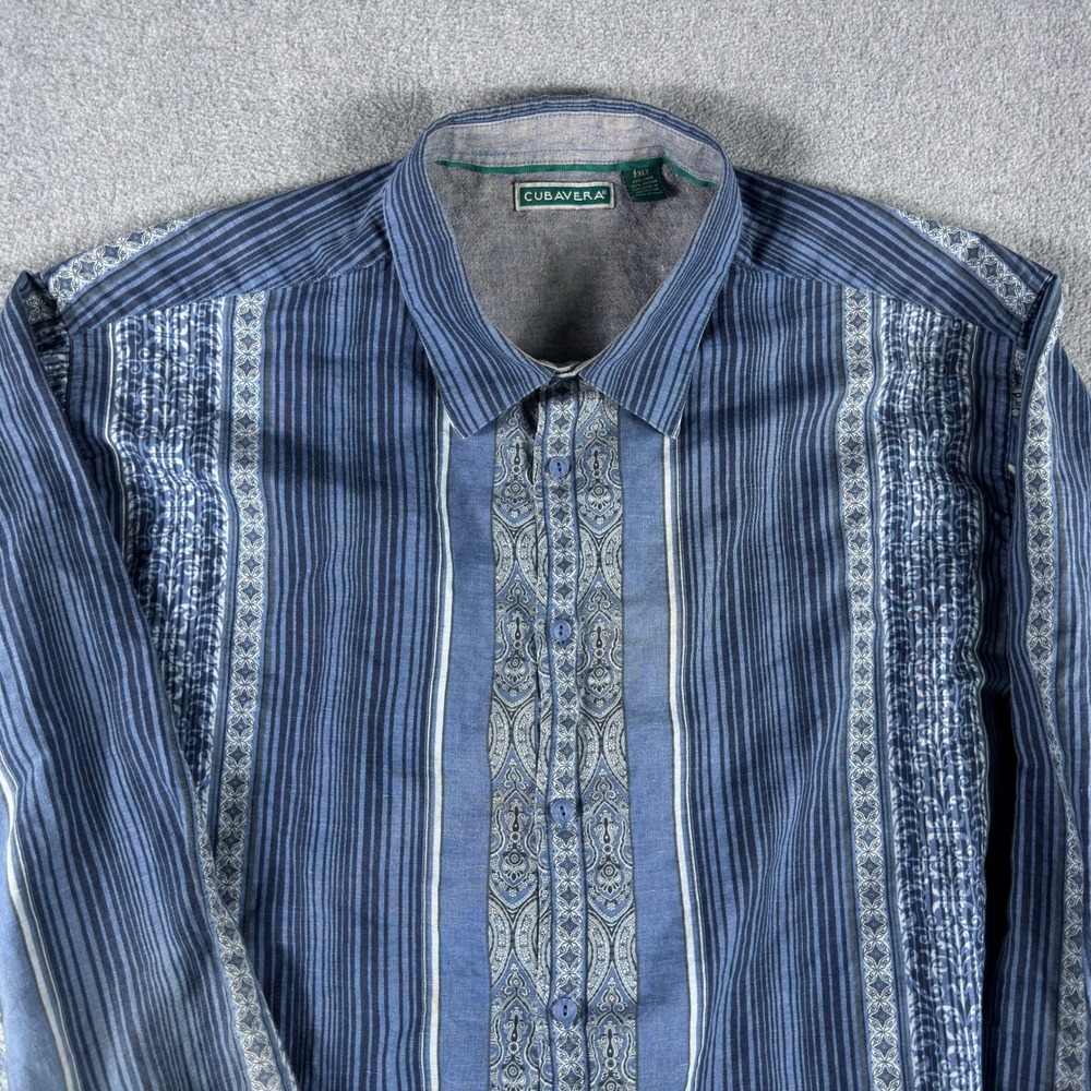 Cubavera Shirt Mens 2XLT Linen Cotton Blue Paisley Stripe Long Sleeve